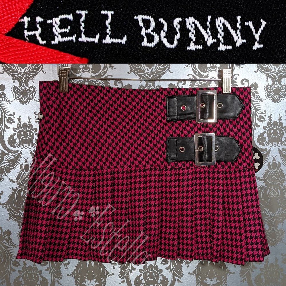 Hell Bunny Pink Houndstooth Faux Leather Straps and Buckle  Mini Skirt